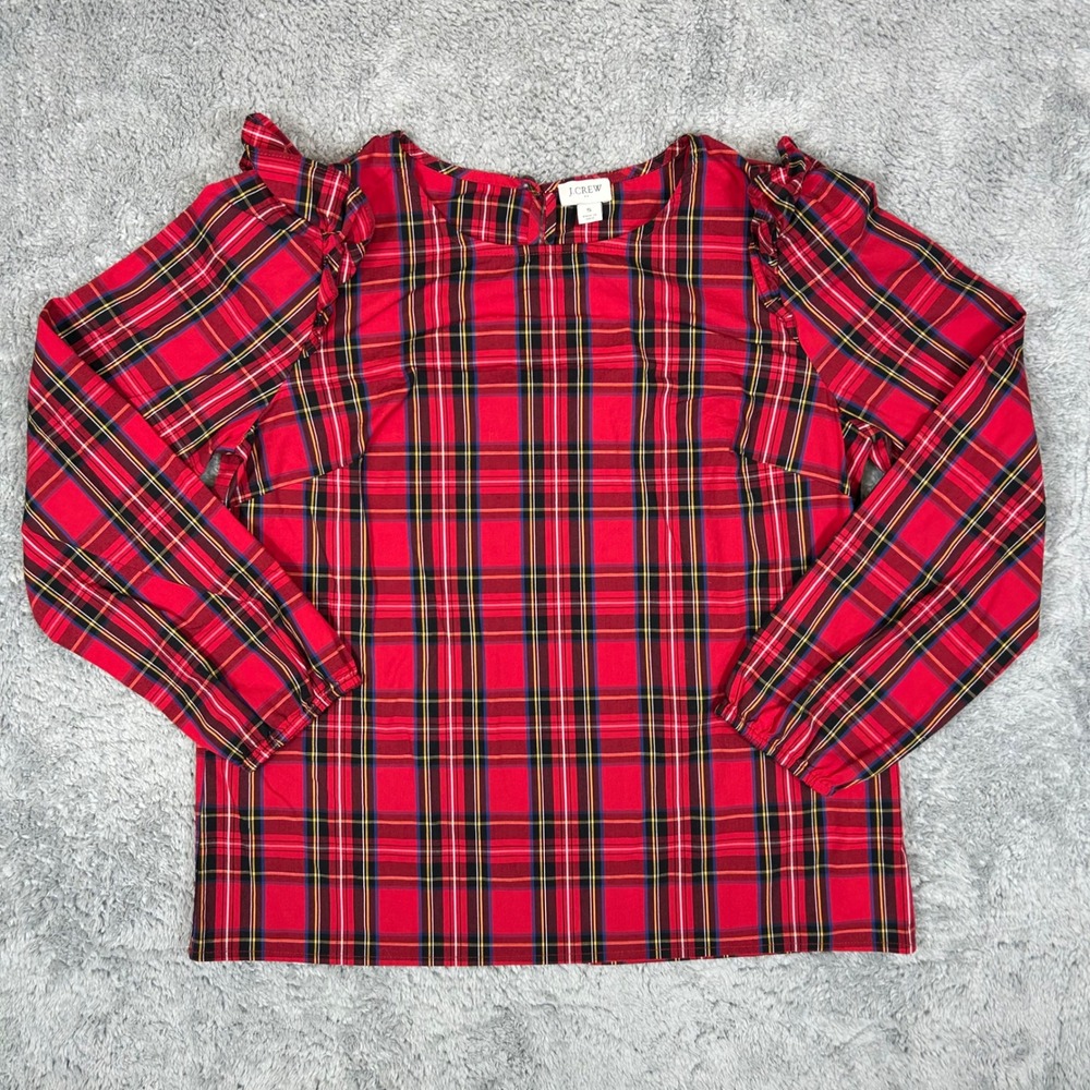 J.Crew Womens Red Stewart Plaid Ruffle Shoulder Long Sleeve Blouse Small
